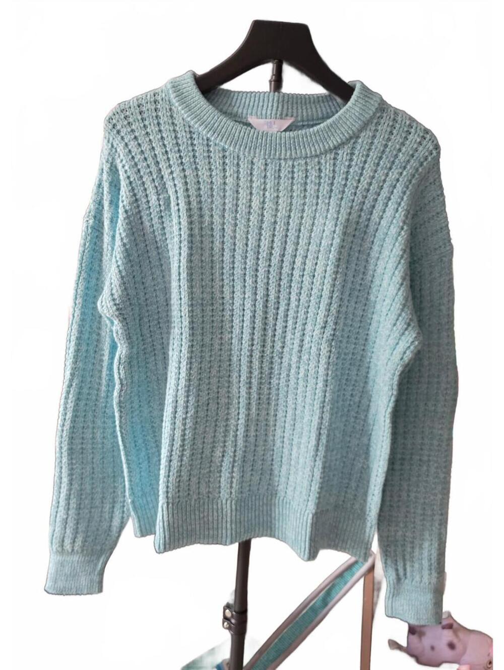 Time & Tru Sweater Women Light Blue Sz. Lg Crewneck Texture Ribbed Knit NWT